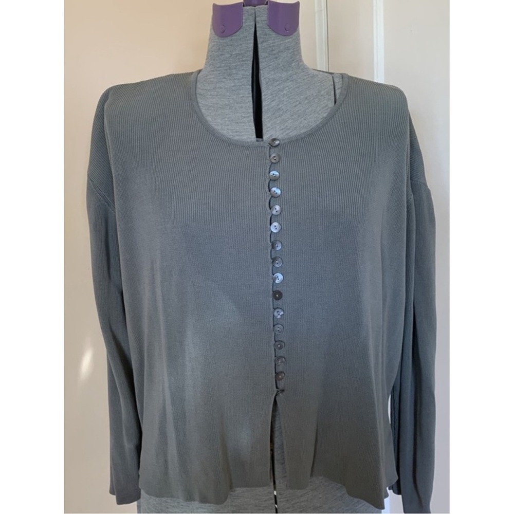 Rena Rowan Womens Large 100% Silk Ribbed Knit Cardigan Sage Green Gray Buttons